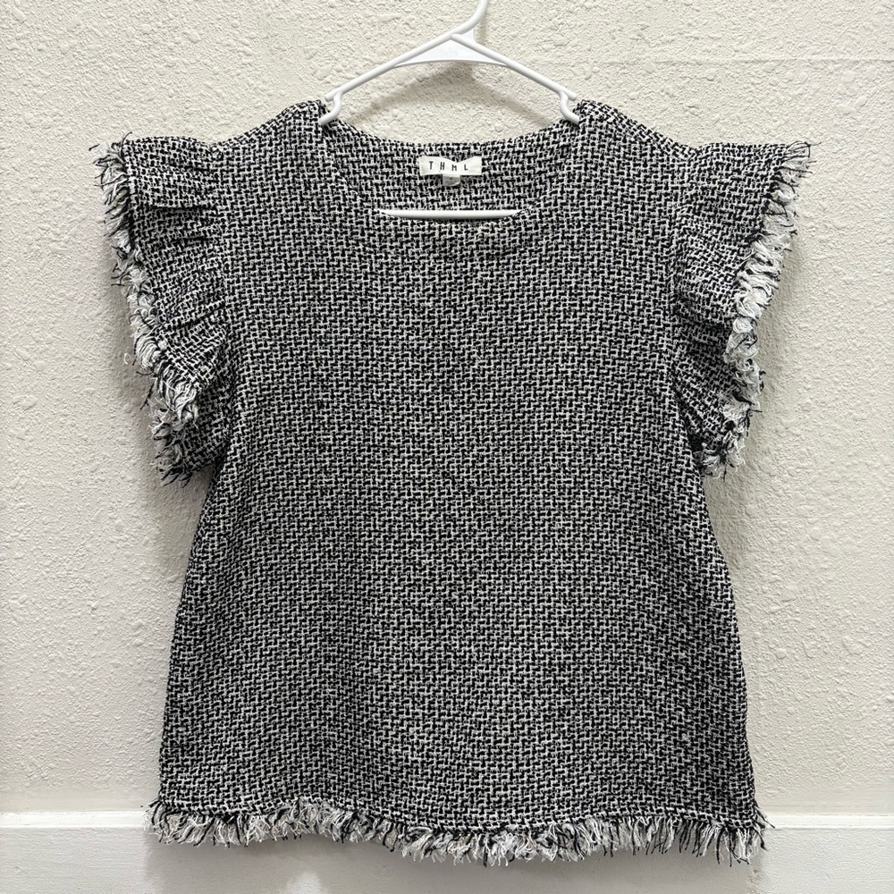 THML Black and White Tweed Fringe Short Sleeve Top Medium